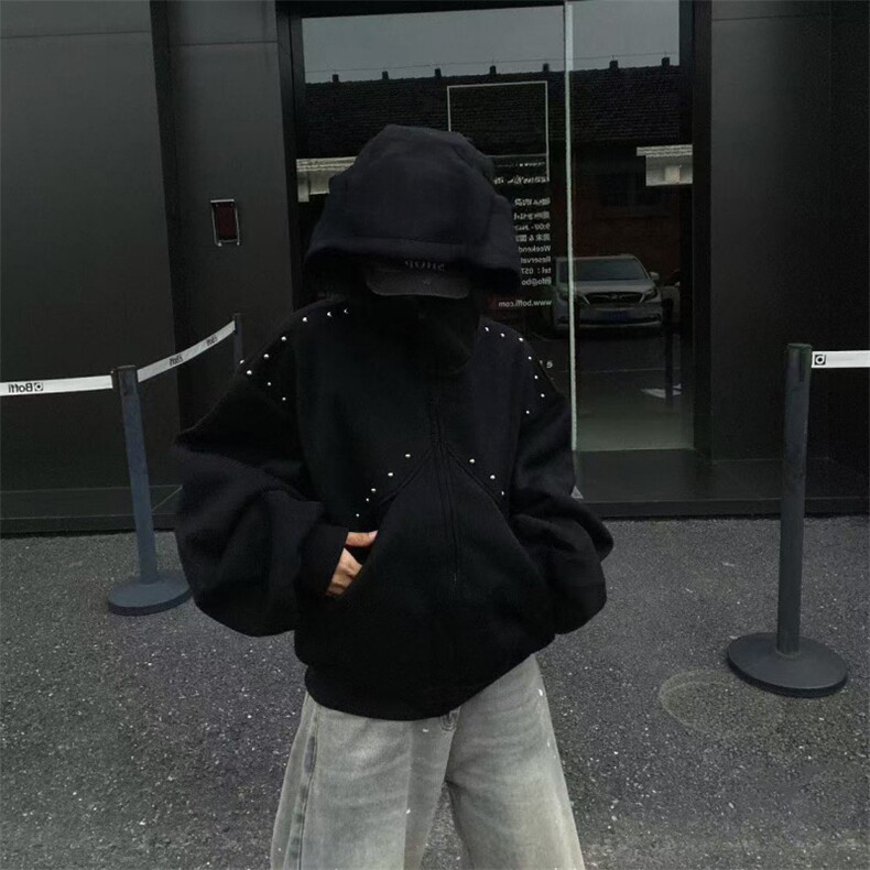 抖音得物高品质二开26春装美式高街铆钉拼接纯色开衫卫衣外套W122,女装短外套,电商A486-1