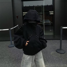抖音得物高品质二开26春装美式高街铆钉拼接纯色开衫卫衣外套W122，女装短外套，电商A486-1