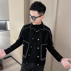 男士短款翻领设计感明线皮衣男潮流休闲夹克外套P2203-P115绒P125图片