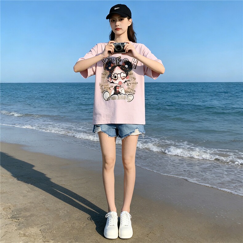 盐系穿搭休闲时尚套装女夏新款设计感圆领印花短袖牛仔短裤两件套,女装套装/套裙,江南