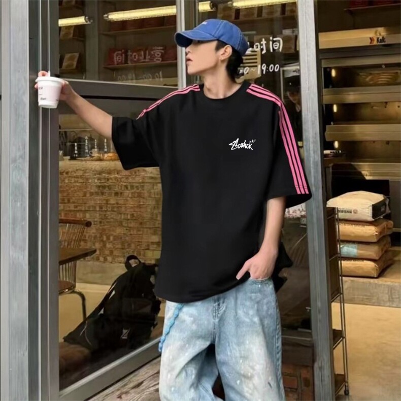 抖音得物品质二开240克宽松纯棉美式潮牌印花三条杠中性风短袖T恤,男装T恤,电商A486