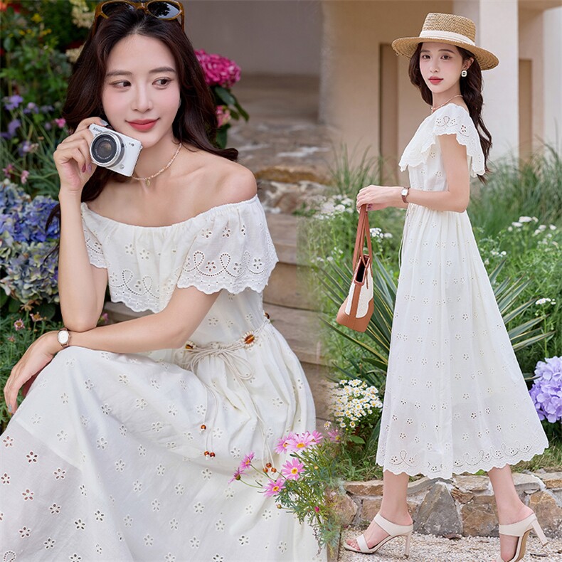 2025年夏季女新款时尚气质优雅修身显瘦度假风一字肩花边连衣裙，女装连衣裙，奋斗女王