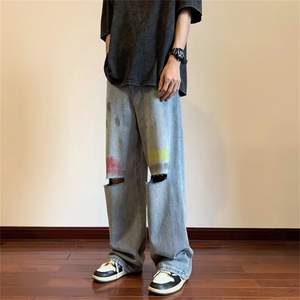 夏季泼墨牛仔裤男美式hiphop宽松百搭破洞直筒拖地长裤N9193-P45图片