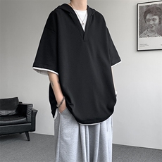8XL-M假两件短袖卫衣连帽t恤男夏季薄款宽松大码学生半袖DT007P48，男装T恤，电商B312