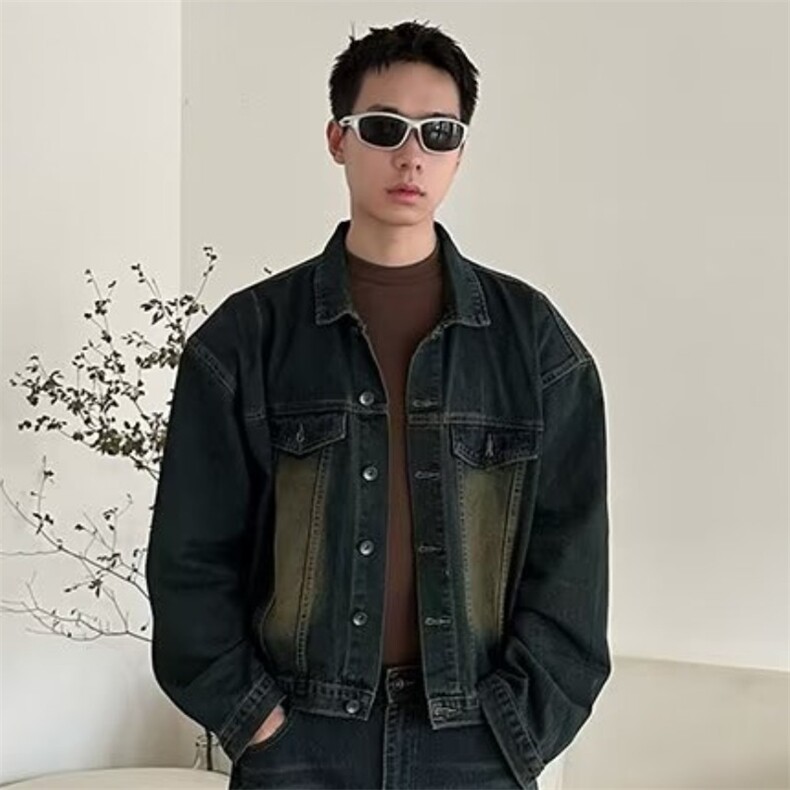 美式复古廓形水洗做旧牛仔外套男士春季新款街头嘻哈宽松夹克上衣，男装工装外套，星座1210-1