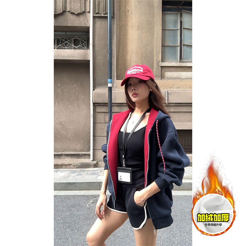 480G重磅加绒硬挺boxy男女秋冬美式高街双层撞色连帽卫衣开衫外套,女装短外套,电商A486-1