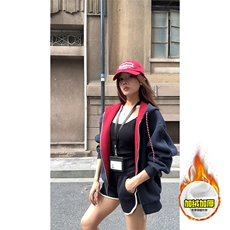 480G重磅加绒硬挺boxy男女秋冬美式高街双层撞色连帽卫衣开衫外套，女装短外套，电商A486-1