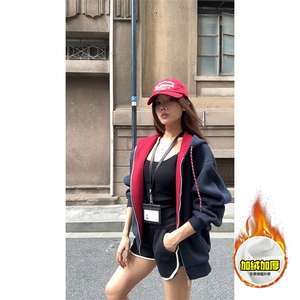 480G重磅加绒硬挺boxy男女秋冬美式高街双层撞色连帽卫衣开衫外套图片