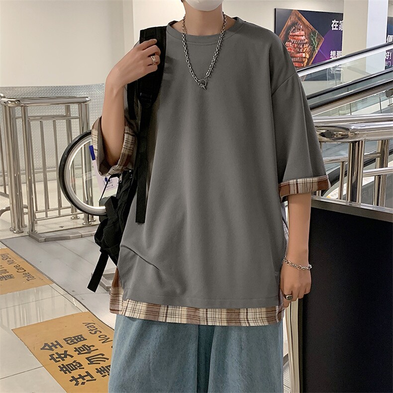 日系假两件短袖t恤2024夏季港风潮牌拼接格纹宽松七分袖上衣发,男装T恤,星座1013