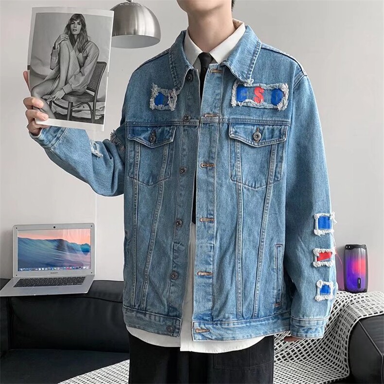 男牛仔夹克青少年翻领长袖带字母潮JK002P70,男装夹克,星座1116-2