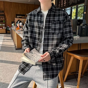 长袖格子衬衫男春秋季宽松韩版时尚潮流休闲外穿磨毛衬衣外套C14图片