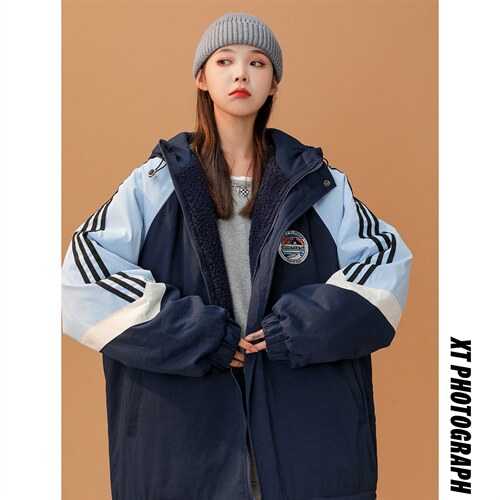 中性韩版校园拼色加厚连帽棉衣棉服216-2-BK50-P128控158藏青，女装棉衣/棉服，星座716-1