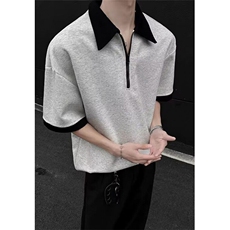 复古假两件polo衫短袖t恤男女同款夏季拉链翻领宽松衣服T733，男装T恤，星座1116A（原606A-3）