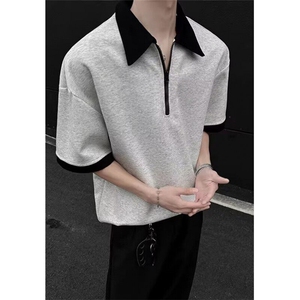 复古假两件polo衫短袖t恤男女同款夏季拉链翻领宽松衣服 T733图片