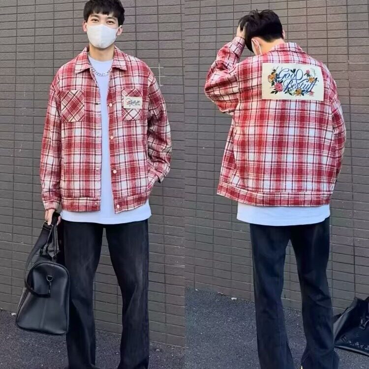 美式高街拼色设计感复古格子长袖衬衫秋季男女宽松潮流帅气外套男,男装衬衫,星座601-1