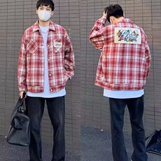 美式高街拼色设计感复古格子长袖衬衫秋季男女宽松潮流帅气外套男，男装衬衫，星座601-1