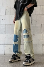 B221美式ins高街暗黑小众撞色破洞直筒牛仔裤LK23109-P65控88，男装牛仔裤，电商B221