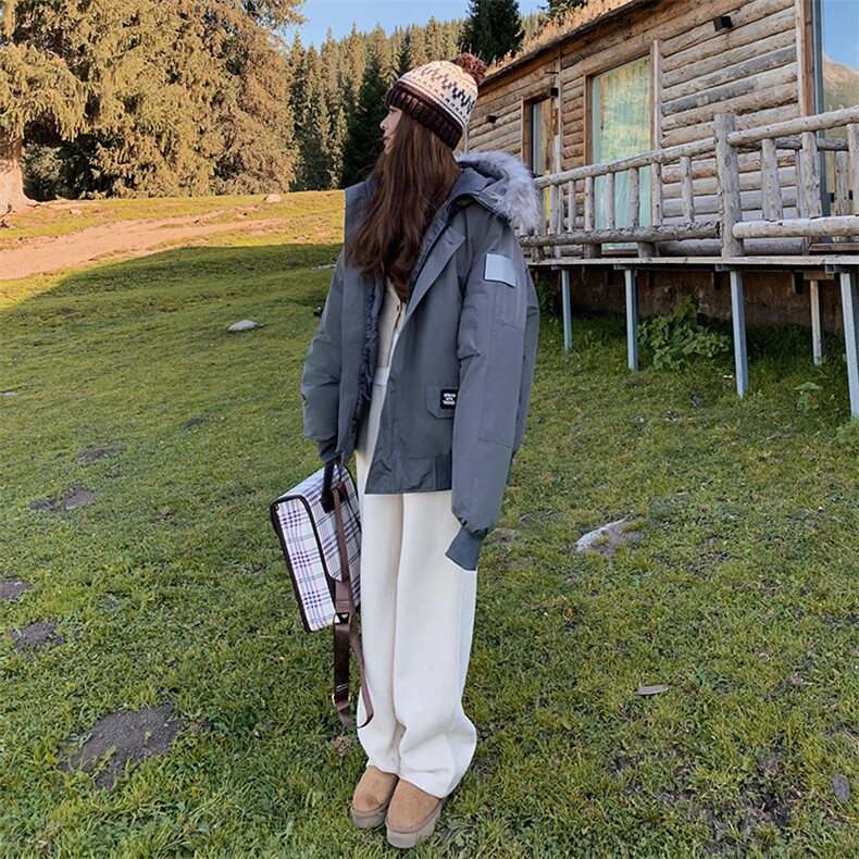 韩版连帽工装羽绒棉服女2025冬季新款小个子保暖加厚大毛领派克服,女装短外套,2B183