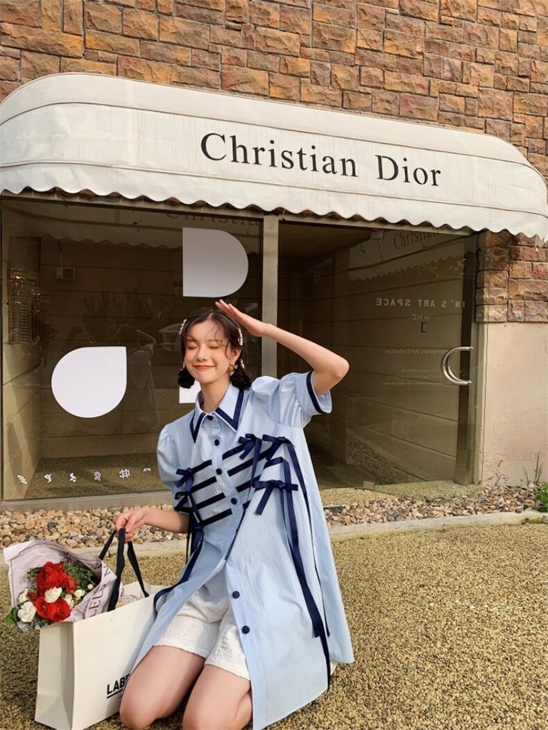 蓝色蝴蝶结衬衣裙，女装，YOUER DENG