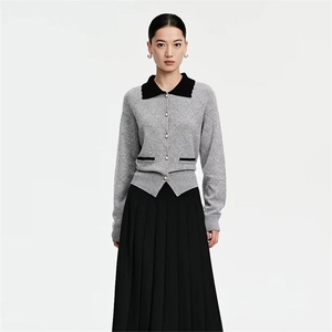 时尚娃娃领拼接羊毛衫女款修身显瘦长袖针织开衫外套秋冬季新款图片