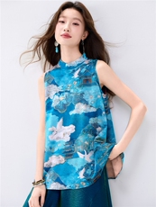 夏季新款现货！2026新中式洋气撞色印花上衣+宽松阔腿裤两件套装，女装套装/套裙，央宝儿
