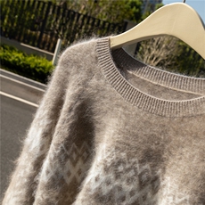 HE|真拉绒工艺！费尔岛风A规100%纯山羊绒衫女圆领撞色宽松毛衣，女装羊绒衫，诚赞羊绒