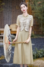 2024夏装新款新中式套装裙女时尚气质盘扣马甲连衣裙两件套，女装连衣裙，星期衣