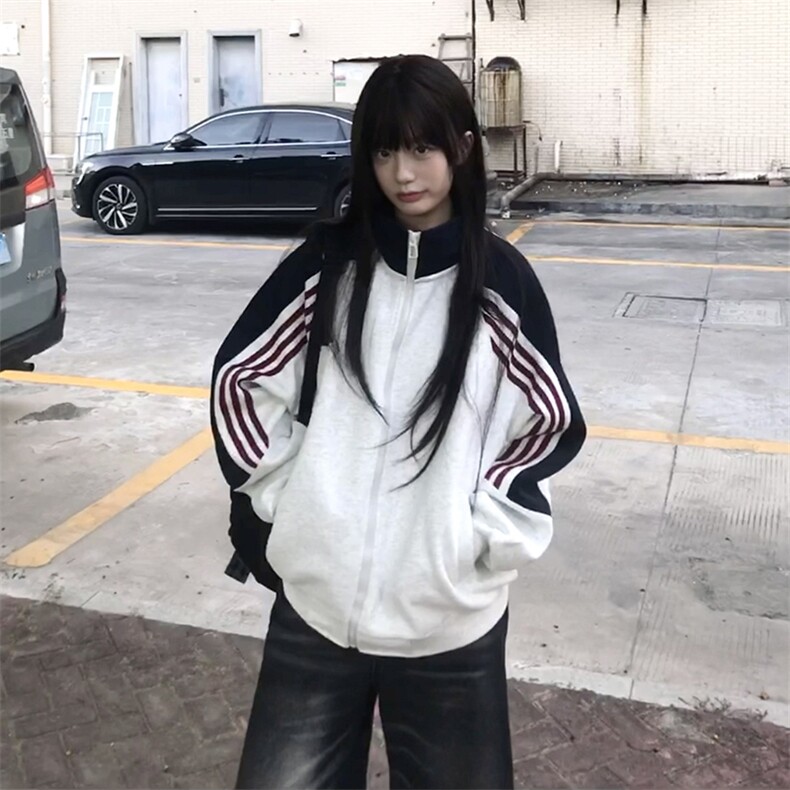 抖音得物高品质26春装美式高街重磅织带拼接撞色立领卫衣外套CM41,女装短外套,电商A486-1