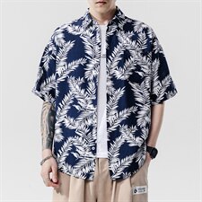 2021夏季新日系大码男无影墙沙滩情侣休闲短袖印花衬衫C3035-P35，男装衬衫，电商A001