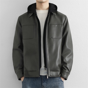 高端商务假两件皮衣羽绒服男士连帽秋冬加厚保暖黑色皮夹克图片