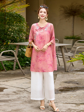 新中式国风印花棉麻套装女2025夏季新款时尚减龄休闲阔腿裤两件套，女装套装/套裙，魅影