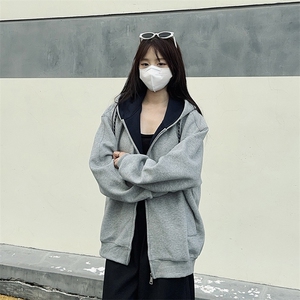 抖音得物二开美式高街重磅结构双层撞色连帽卫衣开衫外套W116图片
