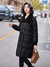 2025冬季羊羔毛拼接领子时尚中长款羽绒外套女，女装羽绒服，E百度