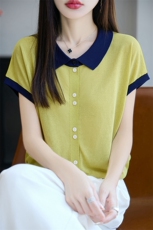 夏季新款简约双扣撞色翻领小飞袖开衫宽松百搭显瘦时尚休闲上衣，女装T恤，暖烁羊绒