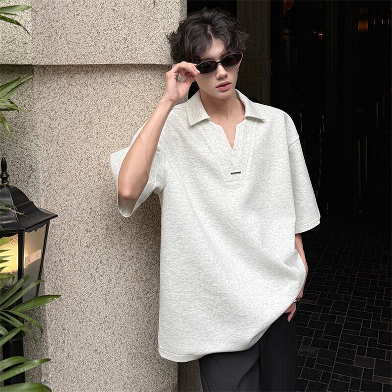 夏季港风宽松假两件V领POLO衫潮短袖T恤衫XZ811A-T145-P45,男装T恤,星座811A