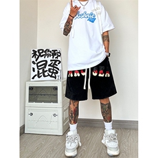 港风纯棉320G重磅水洗做旧印花短裤A014-DY2370-P50控68，男装牛仔裤，电商A014
