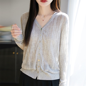 夏季薄款天丝亚麻V领针织开衫防晒衣女长袖毛衣外套宽松休闲通勤图片