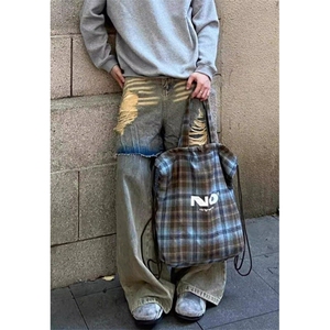 街头小众做旧设计感假两件牛仔裤男宽松破洞猫须长裤子 N947图片