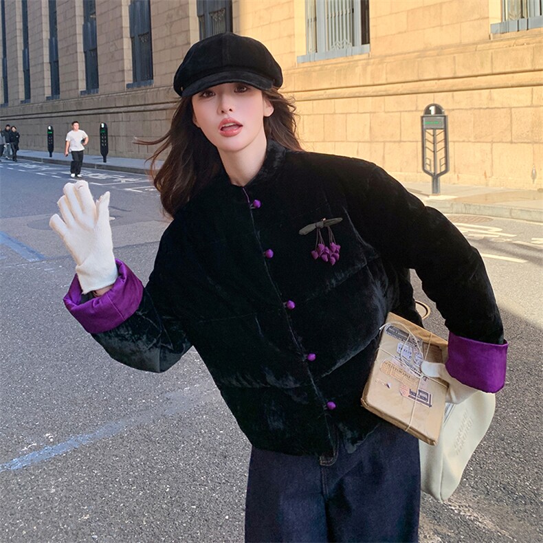 现货！（90新标带检）丝绒料新中式短款立领加厚保暖气质羽绒服女,女装羽绒服,衣秀之家