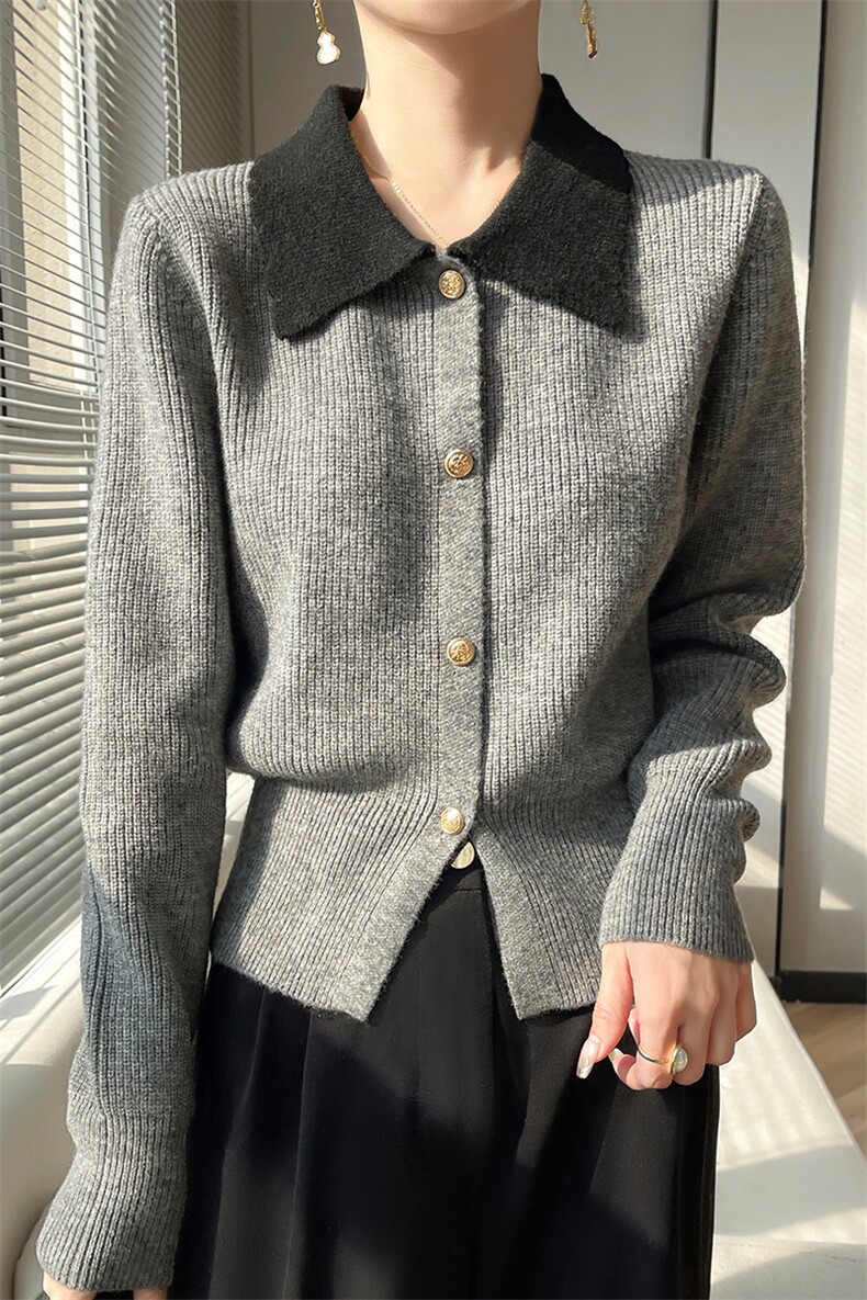 秋季法式娃娃领羊毛针织开衫女POLO领毛衣外套加厚上衣,针织衫/毛衣,佳绒包芯纱店
