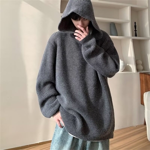 灰色毛衣男款冬季美式复古连帽针织衫高级感痞帅卫衣外套U84图片