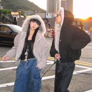 现货高品质美式高街冬季重磅硬挺短款座山雕毛领棉衣男女加厚外套图片