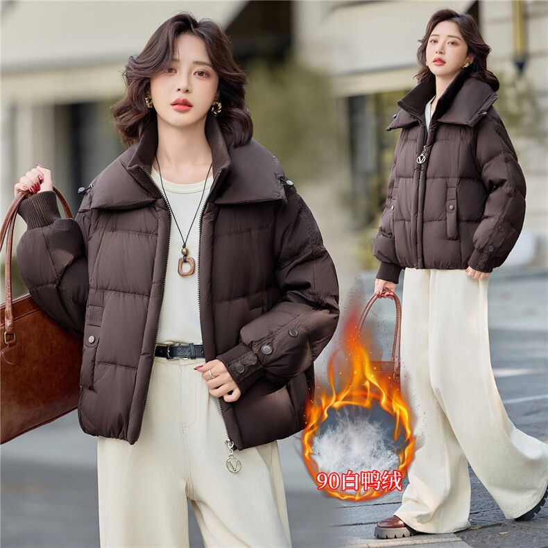 现货90%白鸭绒2025年冬季双层领短款羽绒服外套,女装羽绒服,米雪儿