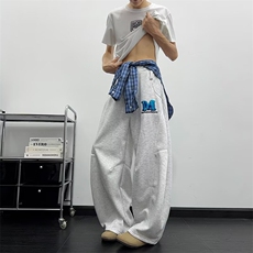 拼接格子裙摆结构设计卫裤男女美式慵懒风拖地伞兵裤潮K6658-P50，男装休闲裤，星座412-3