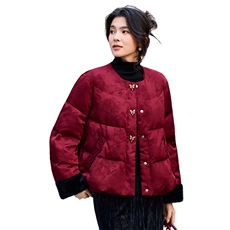 2025年冬季宽松高端皮草新中式民族风提花羽绒服唐装外套，女装羽绒服，简韵佳
