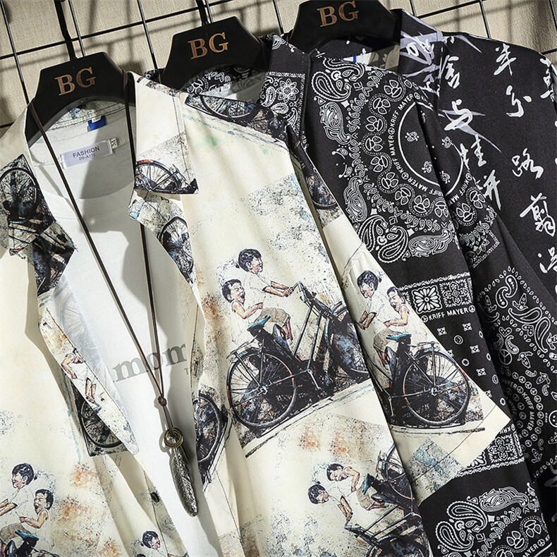 CS07--P45夏季大码休闲男士冰丝衬衫男宽松个性印花外套男,男装衬衫,电商B369（原A024）
