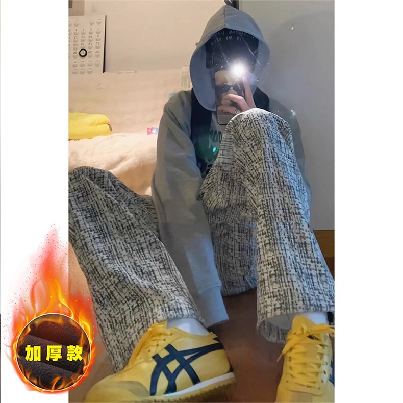 美式扎染灯芯绒裤子秋冬男款加绒加厚重磅卫裤宽松阔腿垂感休闲裤图片
