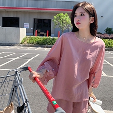 粉色休闲减龄套装女夏季2025年新款小个子薄款圆领上衣短裤两件套，女装套装/套裙，2C292