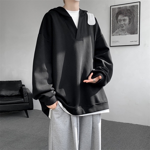 8XL-M叠穿假两件卫衣重磅连帽V领拼接套头衫宽松大码外套WY006P65图片