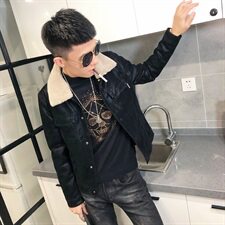 冬季加绒毛领修身纯色水洗皮衣男社会小伙夹克外套301B-PY15，男装皮衣，电商C301B